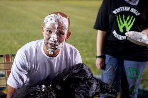Franklin County High School's principal Buddy Sampson after receiving his pie.